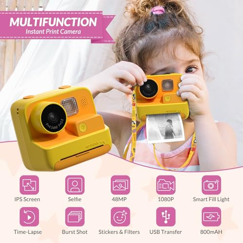 Mafiti Kids Camera Instant Print, 48MP Digital Camera Selfie 1080P Video with 32G TF Card, Toys Gifts for Girls Boys