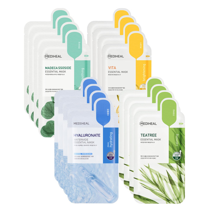 Mediheal Sheet Mask New Essential HERO 16 pack (Hyaluronate, Tea Tree, Madecassoside, Vita) | Korean Skincare Facial