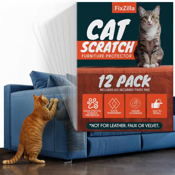 FixZilla Anti Cat Scratch Furniture Protector, 12-Pack Couch Protector from Cat Claws  Heavy-Duty, Easy-to-Apply
