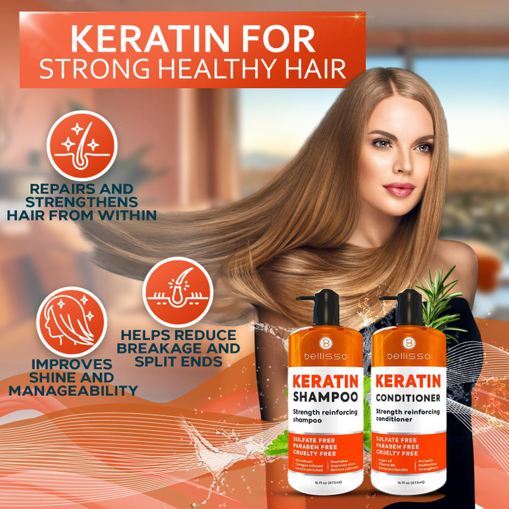 Keratin Shampoo and Conditioner Set - Sulfate Free and Paraben Free - Salon Thickening Treatment for Dry, Damaged,