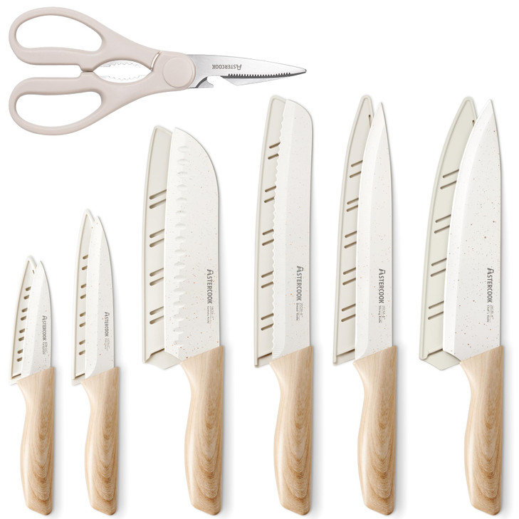 Astercook Knife Set, 13 Pieces Kitchen Knives Set with Ceramic Coating, Stainless Steel Chef Knife Sets with 6 Blade