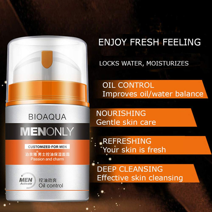 BIOAQUA Men ?lean Pores Skin Face Cream Controls Sebum Hydro-lipid Skin Oil Balance Nourishes Feeling of Freshness 50g