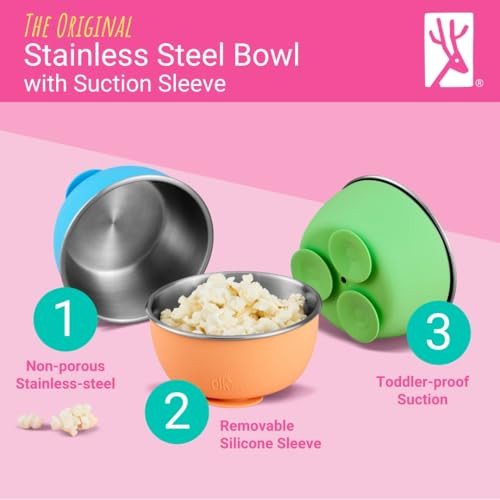 Elk and Friends Stainless Steel Bowls with Silicone Sleeve for Babies & Toddlers | Lids Included | Stay Put Suction |