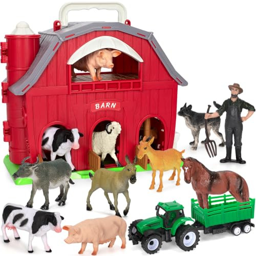 Ellinjan Farm Animals Toys for Toddlers Girls Boys, Big Red Barn Farm with Figures Animals and Tractor Toy for Kids 2