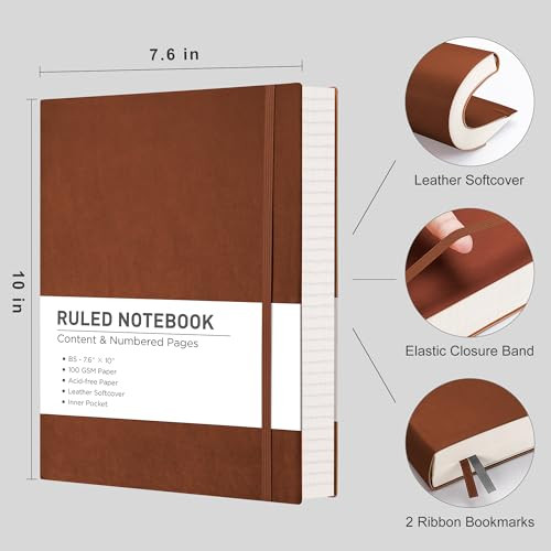 RETTACY Lined Journal Notebook, 2-Pack, 204 Numbered Pages per Pack, B5 Medium 7.6" × 10", Leather Softcover, 100 GSM