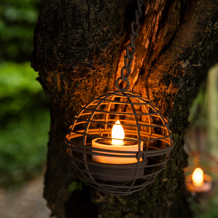 Solar Hanging Lanterns Outdoor Waterproof, Rust Iron Ball Candle Holder with Flickering Solar Powered Tea Lights,
