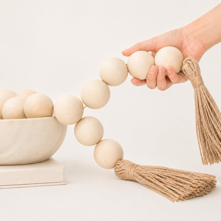 OMISHE 76" Long Extra Large Wood Bead Garland with 1.6" Diameter Wooden Beads and Tassels, Rustic Farmhouse Country