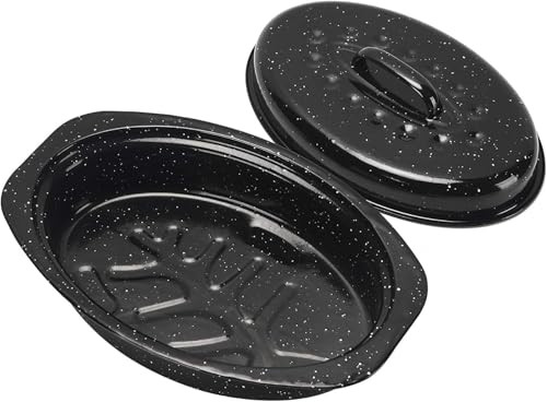 13 Inch Small Roasting Pan with Lid - Covered Oval Roaster - Enamel Carbon Steel Roaster Pot - Excellent Heat