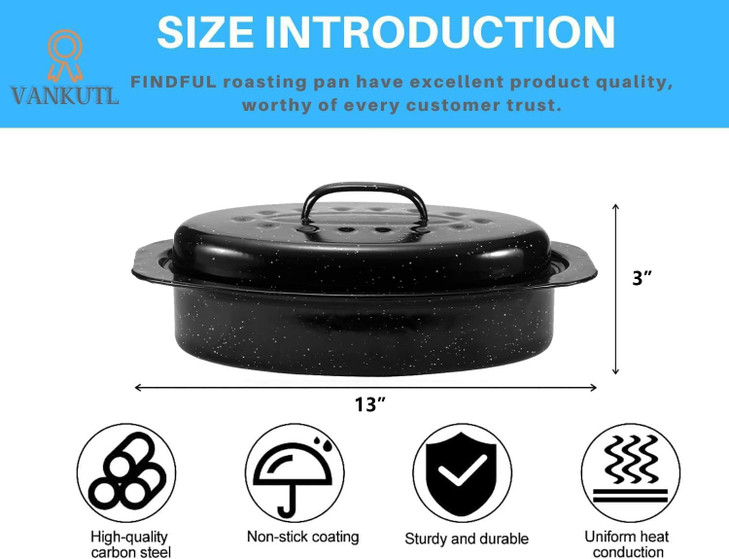 13 Inch Small Roasting Pan with Lid - Covered Oval Roaster - Enamel Carbon Steel Roaster Pot - Excellent Heat