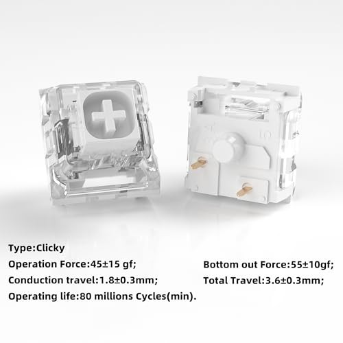 Zjmehty Kailh Box White Mechanical Keyboard Switches,3-Pin 45gf Clicky/Speed Typing/Gaming/Waterproof