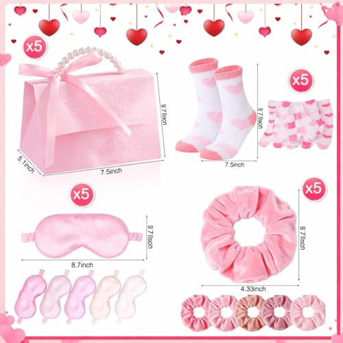 Eurzom 20 Pcs Valentine Gifts Set Bulk Pink Party Gift 5 Giftboxes 5 Sleeping Eye Mask 5 Velvet Scrunchies 5 Fuzzy