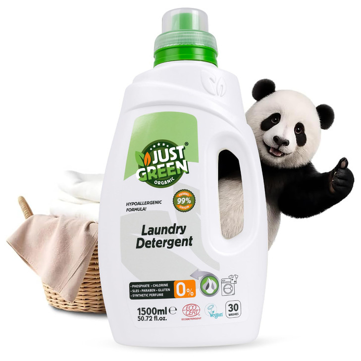 JUST GREEN ORGANIC Liquid Laundry Detergent, Plant-Based Laundry Soap, Non-Toxic, Hypoallergenic, Fragrance-Free,