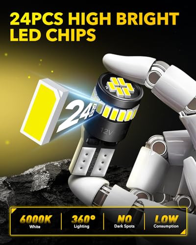 AUXITO 194 LED Light Bulb 6000K White 168 2825 W5W T10 Wedge 24-SMD 3014 Chipsets LED Replacement Light Kit Error Free
