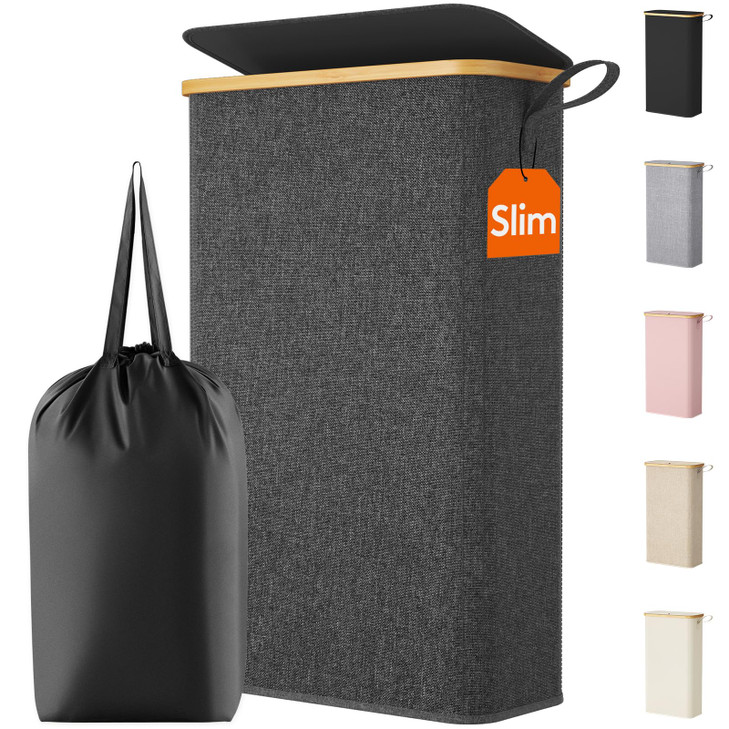 Lifewit 65L Slim Laundry Hamper with Lid, Narrow Laundry Basket with Removable Bag & Bamboo Handles, Fodable Thin