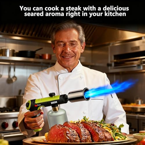 SEESE Powerful Propane Torch Gun,Kitchen Cooking Torch With One-Touch Max Fire, Charcoal Lighter with a Safety Lock,