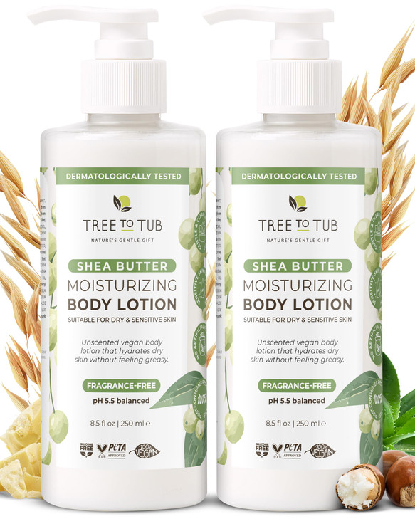 Tree To Tub Unscented Shea Butter Body Lotion for Dry Skin - Fragrance Free Lotion,Vegan Body Moisturizer, Good for