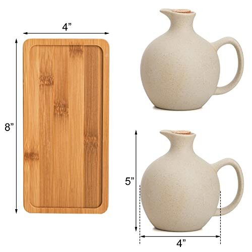 Elsjoy Set of 2 Ceramic Oil Vinegar Dispenser with Cork and Tray, 15 Oz Tabletop Oil Bottles Soy Sauce Jar, Decorative