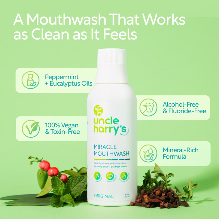 Uncle Harry's Natural Alkalizing Miracle Mouthwash | Adult & Kids Mouthwash for Bad Breath | pH Balanced Oral Care