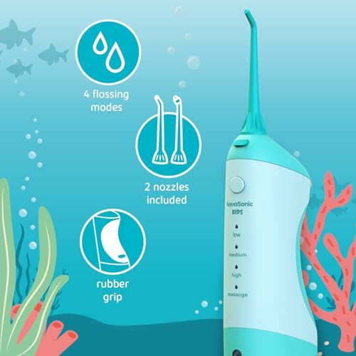 AquaSonic Kids' Water Flosser for Ages 6+ | Standard Nozzle, Orthodontic Nozzle & Waterproof Stickers | 4 Flossing