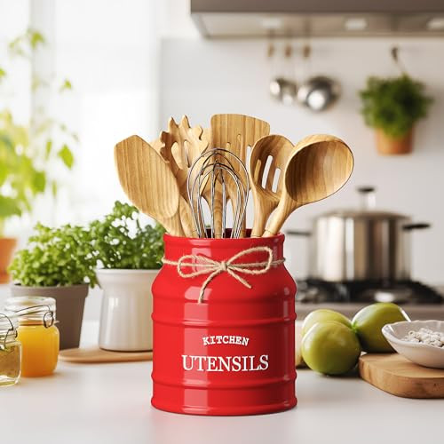 Barnyard Designs Ceramic Kitchen Utensil Holder Countertop 6.75 (Red)