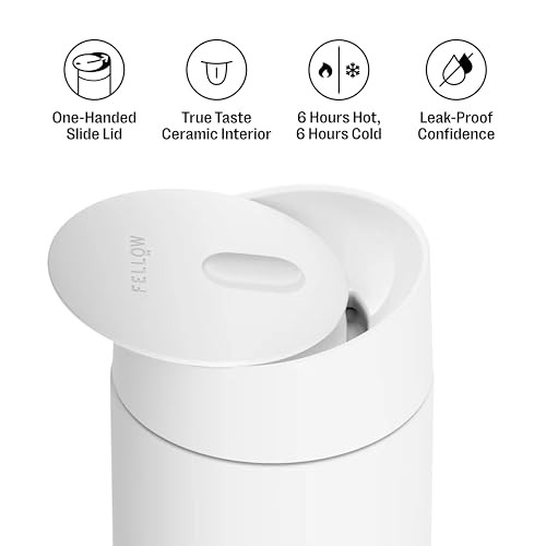Fellow Carter Slide Ceramic Lined Travel Coffee Mug 12 oz, One-Handed Lid