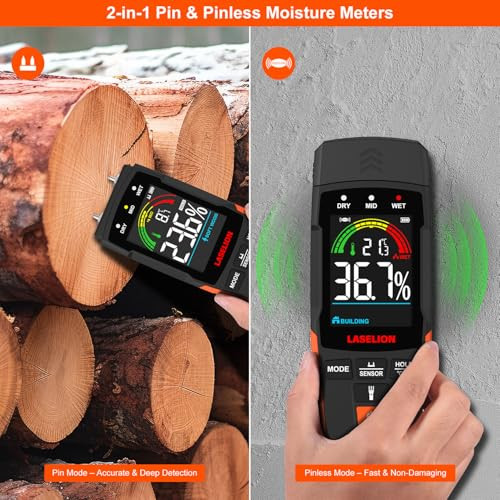 LASELION 2-in-1 Pin & Pinless Moisture Meter MS03  Accurate Moisture Detection for Wood, Concrete, Drywall, and More