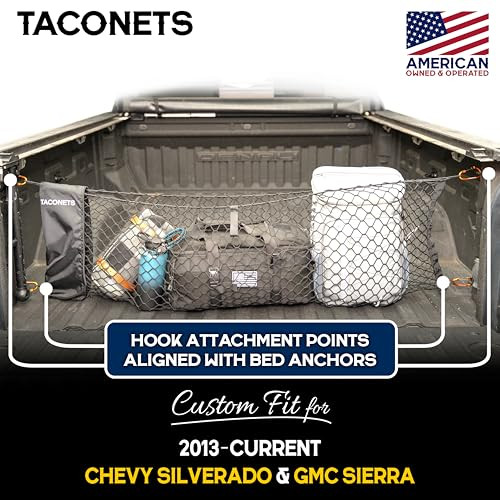 TacoNets Envelope Cargo Net for GMC Sierra & Chevy Silverado - Fits 2013-Current - Upgraded 5mm Bungee - Integrated