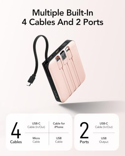 VRURC Portable Charger for iPhone Built-in Cables, 22.5W USB C Fast Charging 10000mAh Pocket Power Bank, Battery Pack
