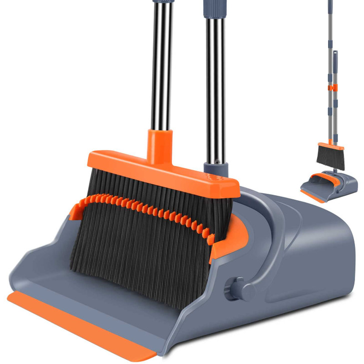 kelamayi Upgrade Broom and Dustpan Set, Self-Cleaning with Dustpan Teeth, Indoor&Outdoor Sweeping, Ideal for Dog Cat
