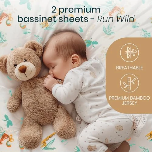 Tutti Bambini Premium Bassinet Sheets (2 Pack) - Soft & Breathable Bamboo Jersey, Double-Strength Bedside Sleeper