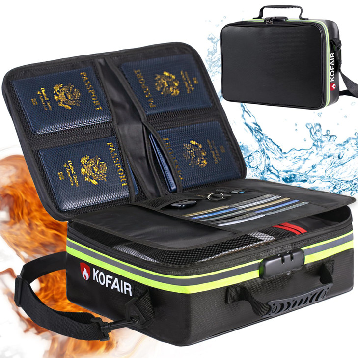 KOFAIR Fireproof Document Bag (16 x 11 x 5 inch) with Lock & Reflective Strip, Fireproof Document Lock Box with