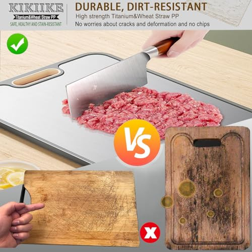 Titanium Cutting Board Double Sided Pure Titanium Cutting Boards for Kitchen, Pure titanium & Wheat Straw PP Food