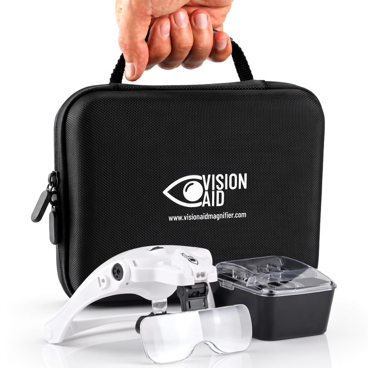 Vision Aid Magnifying Glasses with LED Light, 5 Lenses, Headband, Storage Case | Hands Free Lighted Head Mount