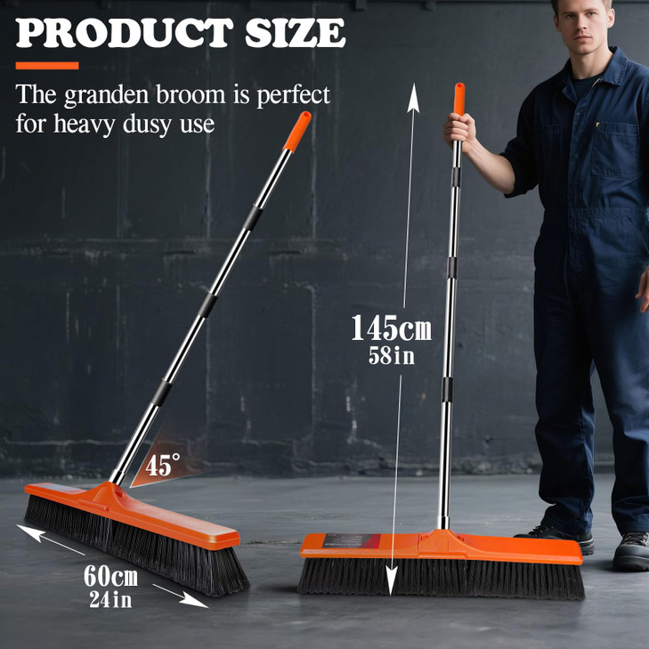 24" Push Broom Outdoor, Heavy Duty Garden Brush Broom with 58" Long Handle