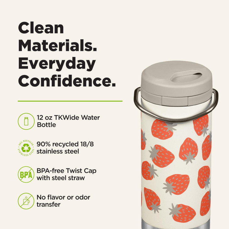Klean Kanteen TKWide Insulated Bottle  Twist Cap, Steel Straw  Dishwasher  Strawberries 12 oz
