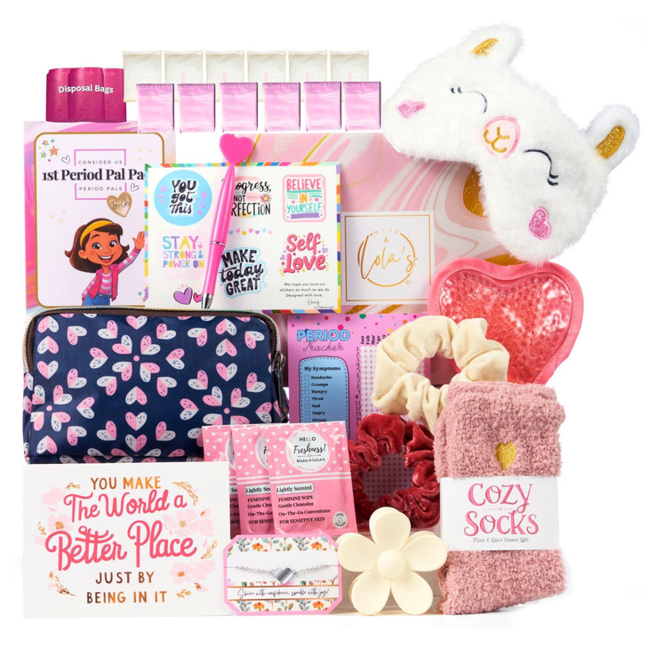 Mark and Lolas First Period Pal Pack Gift Box | First Period Kit for Tweens & Teens | Pads, Panty Liners,