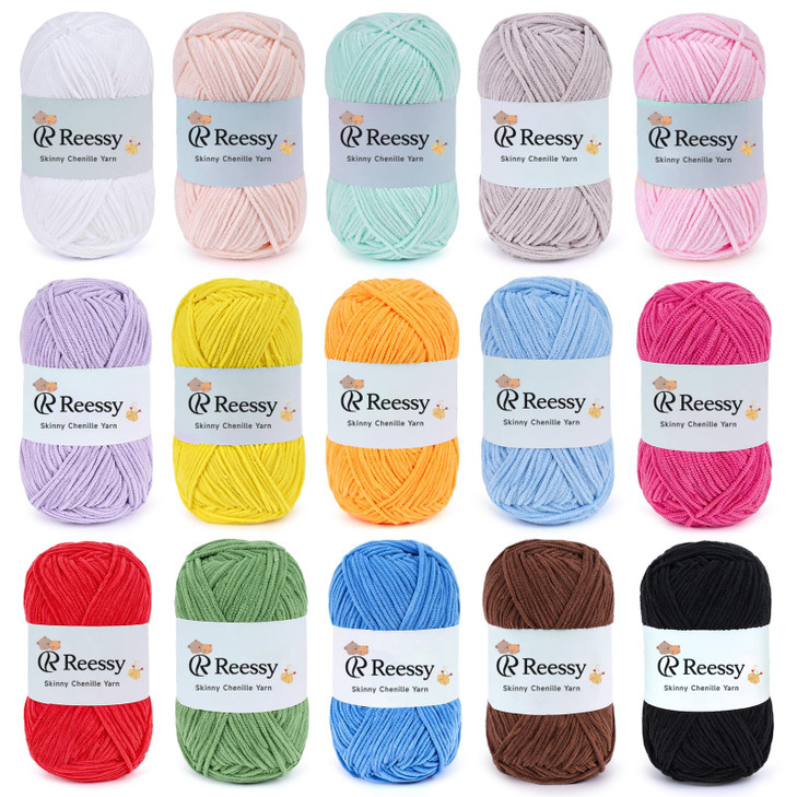 Reessy Skinny Chenille Yarn Pack  15 Skeins Multi-Color Edition(1.76oz/50g Each, 15 Colors, Total 2,370yd)  Multi