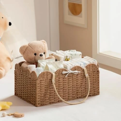 HBlife Baby Diaper Caddy, Paper Rope Storage Baskets Nursery Bin with Removable Divider, Portable Car Organizer for