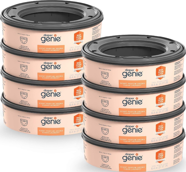 Diaper Genie Bags Refills 270 (Pack of 8) Clean Laundry Scent | Diaper Pail Refills with Max Odor Lock | Holds up to