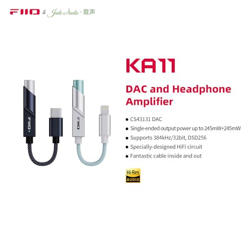 FiiO KA11 USB C to 3.5mm Audio Adapter 32bit/384KHz, USB Type C Dongle HiFi DAC Amplifier for Android/iOS/Windows/Mac