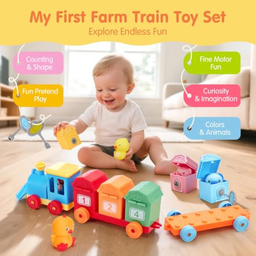 hahaland Montessori Farm Train Set, Toddler Learning Toys for 2-3 Year Olds