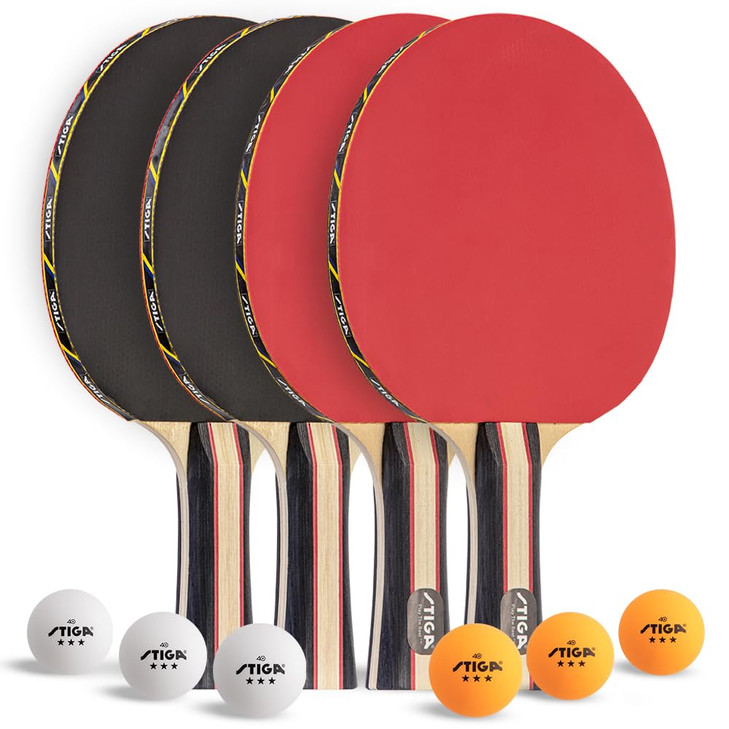 STIGA Performance 4 Player Ping Pong Paddle Set of 4  Table Tennis Rackets, 6  3 Star Orange and White Balls