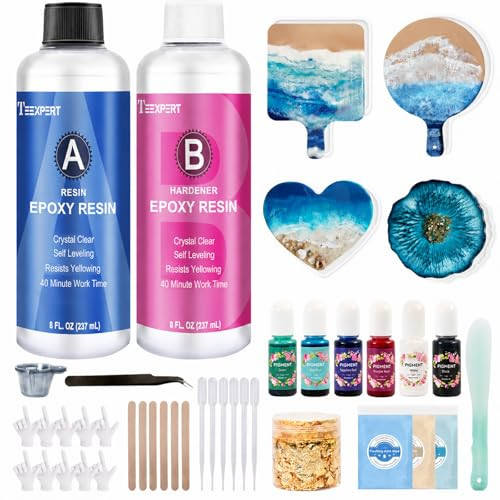 Teexpert Epoxy Resin Kit for Beginners, Resin Kit with Coaster Molds, Silicone Molds Kit, Pigments, Crystal Clear Art