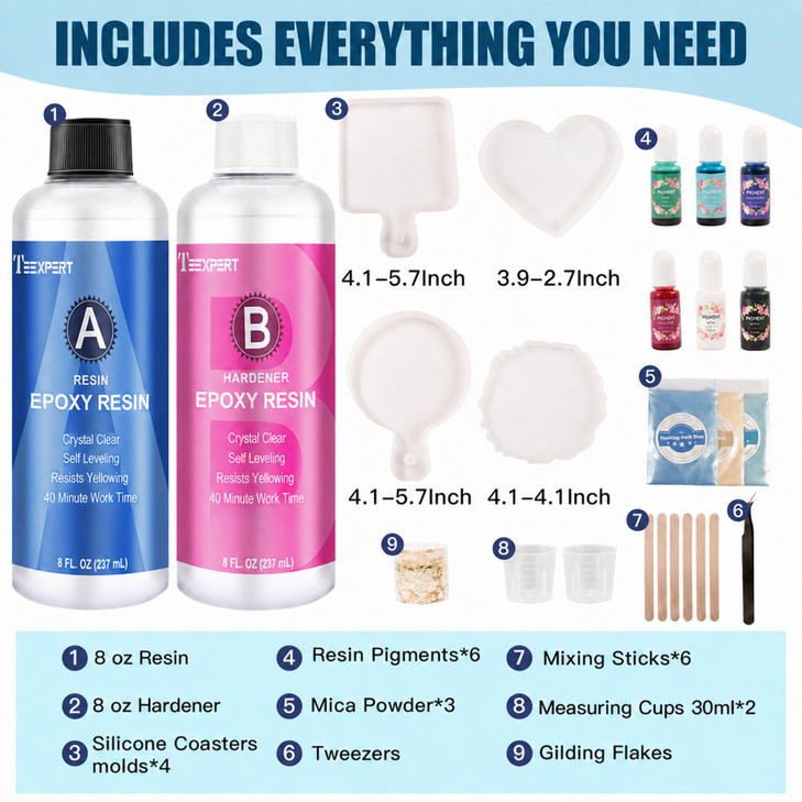 Teexpert Epoxy Resin Kit for Beginners, Resin Kit with Coaster Molds, Silicone Molds Kit, Pigments, Crystal Clear Art