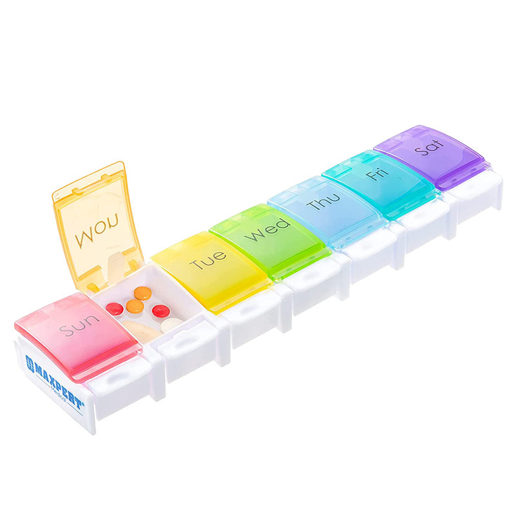 Maxpert Weekly Pill Organizer Case - Push Button Pill Planner, Easy Open Arthritis Friendly Medicine Organizer, Large Pill Case for Medication, Vitam