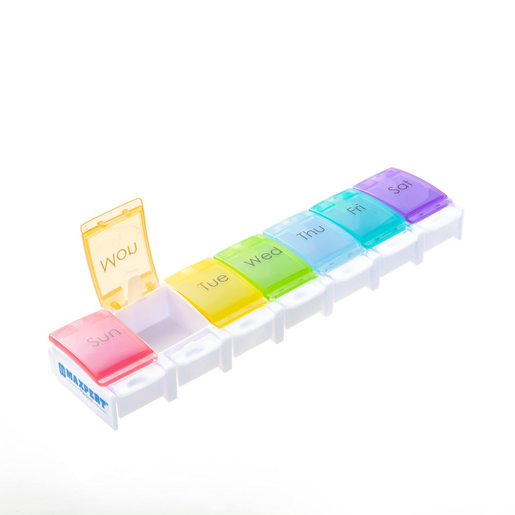 Maxpert Weekly Pill Organizer Case - Push Button Pill Planner, Easy Open Arthritis Friendly Medicine Organizer, Large Pill Case for Medication, Vitam