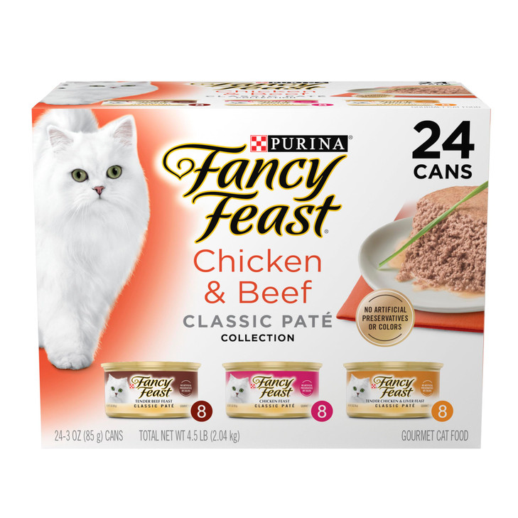 Purina Fancy Feast Chicken and Beef Classic Pate Collection Grain Free Wet Cat Food Variety Pack - (Pack of 24) 3 Oz.