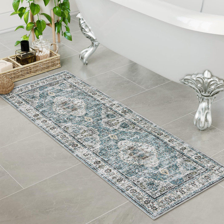 Uphome Bathroom Rugs Runner, Distressed Farmhouse Boho Blue Bath Mat, Non Slip Washable Long Bath Rugs, Vintage