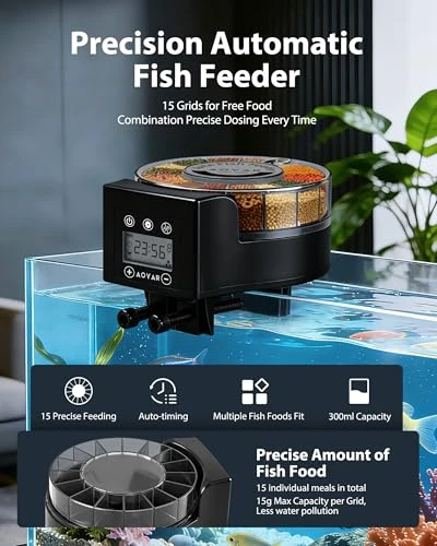 Automatic Fish Feeder Dispenser for Aquarium: Auto Precision Food Feeding 300ml Large Capacity for Powder Flakes