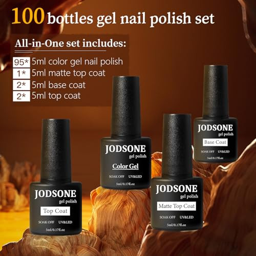 JODSONE 100 PCS (5 ml each) Gel Nail Polish Kit No Wipe Soak off Base Coat and Matte Glossy Top Coat Gel Polish